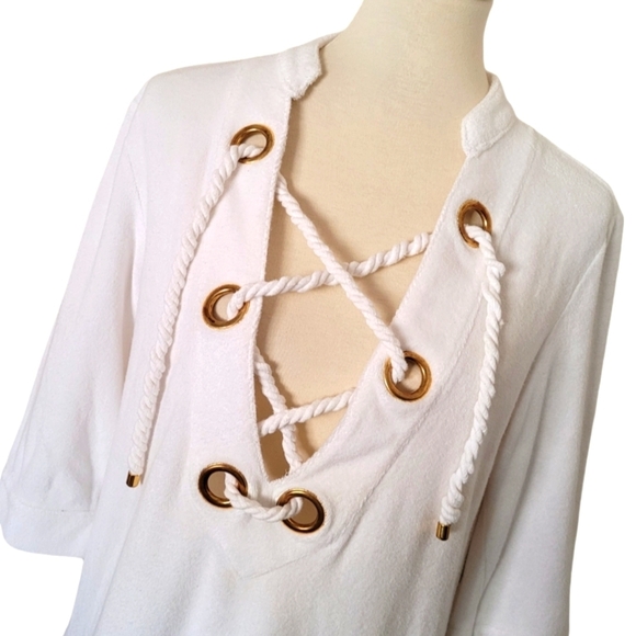 Lace Up Tunic Top Gold Accent White Half Sleeve Lightweight Cover‎ Up - Picture 1 of 5